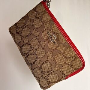 Coach Signature Canvas Wristlet Khaki Red Leather Trim Silver Hardware
